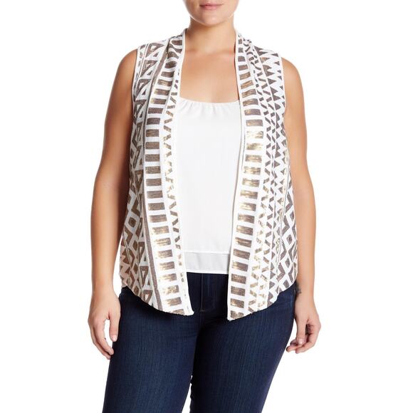 Tart Jackets & Blazers - Tart Open Front Sequin Vest Geometric White Multi Graphic Sequin 3X